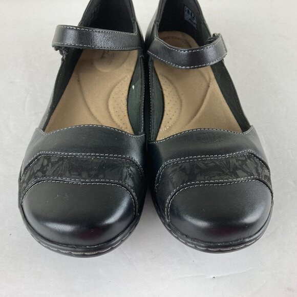 Clarks Collection Womens 8W Wide Black Leather Mary Jane Flats Comfort Shoes - Picture 3 of 8